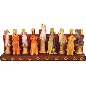 Hanukka Dogs & Puppies Themed Quality Earthenware 3D Sculptured Dog Menorah Candle Holder Fits Standard Chanukah Candles for Kids Adults Functional Collectible