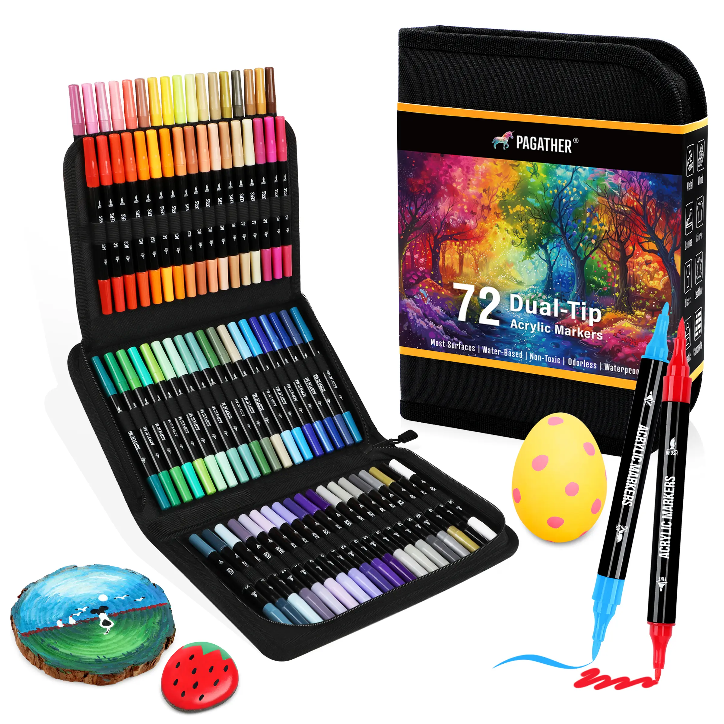 Acrylic Paint Markers, Dual Tip with Fine Tip and Brush Tip Pens for Stone, Wood, Calligraphy, Canvas, Ceramic, Metal, Glass, Rock Painting, DIY Crafts Art Supplies Bag
