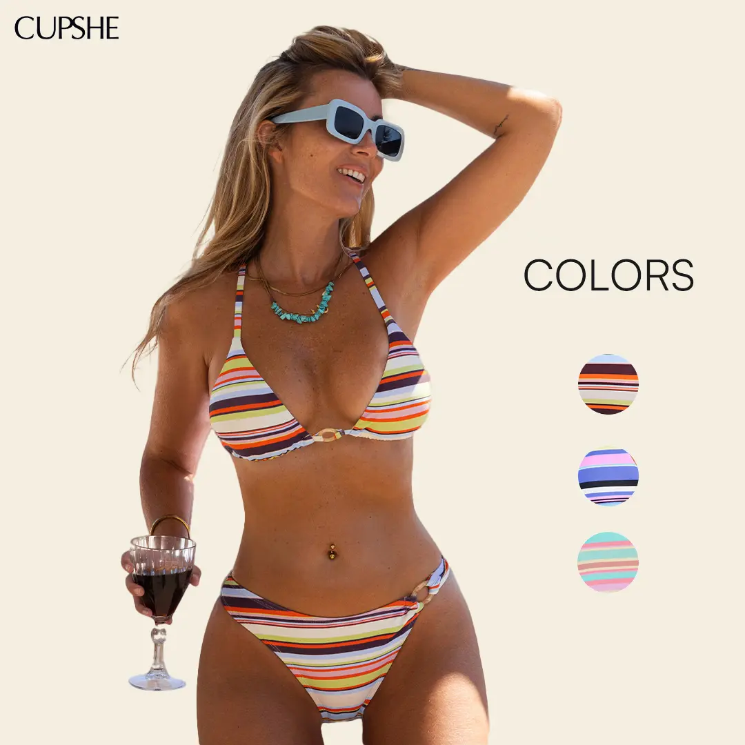 CUPSHE Saltwater Taffy Striped Bikini Sets | Leg-Lengthening High-Cut Swimsuit | Modern Cheeky Bum Coverage Two-Piece for Beach Vacay 2026 Bathing suit #summerfinds