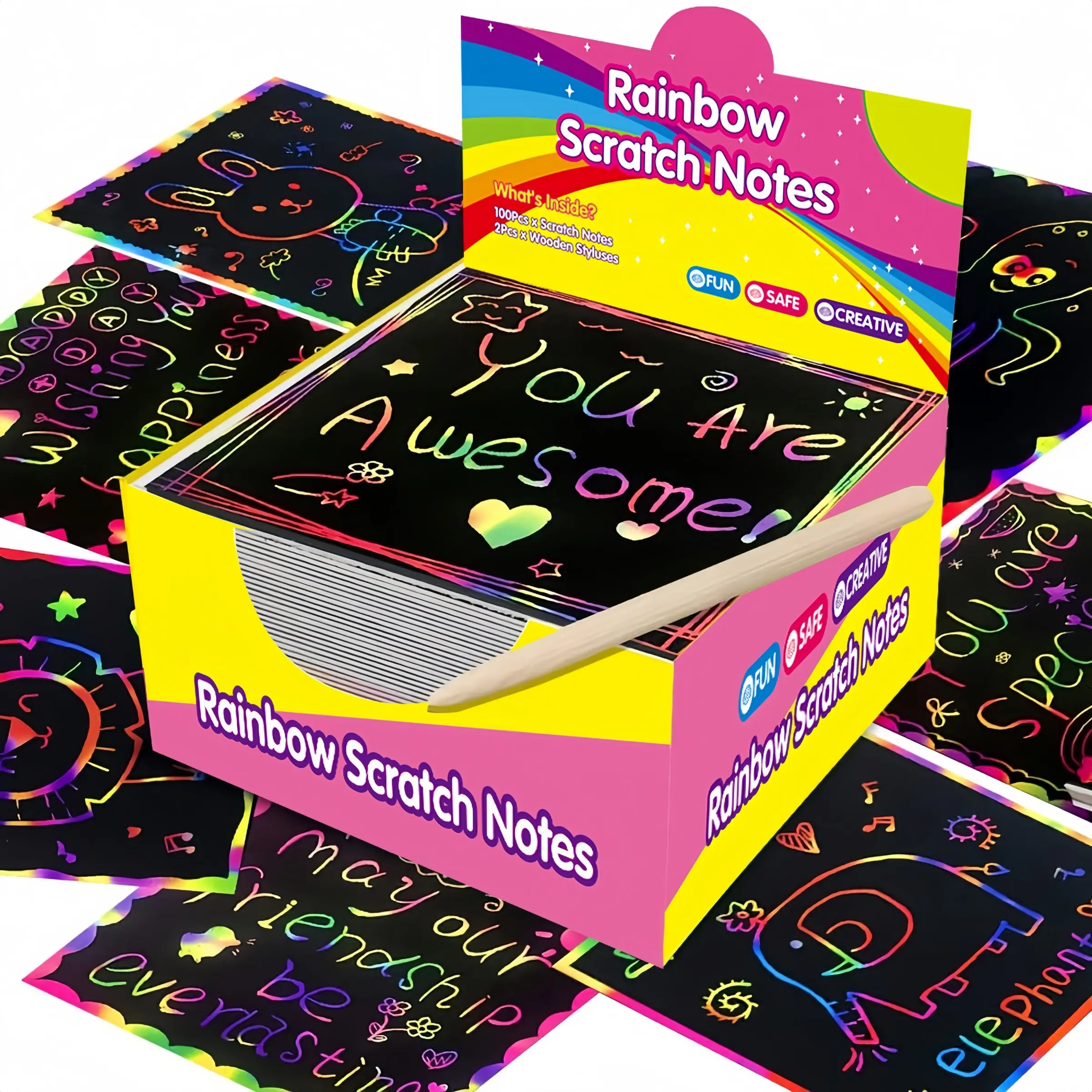 200 Sheets Scratch Art Kit, Colorful Drawing Book with Tools, Art Drawing Set, DIY Art Set, Perfect Gift for Holidays & Back-To-School, Includes Stencils & Brushes