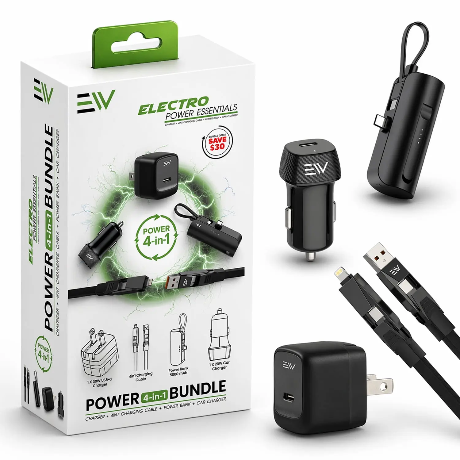 Electronic World 4-in-1 Fast Charging Bundle | Wall Charger + Car Charger + 5000mAh Power Bank + Multi Charging Cable | Universal iPhone & Android Charging Kit