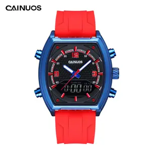 CAINUOS 8008 Men's Tonneau Dual Display Watch, Analog Digital Chronograph Watch with Backlight Week Date, Soft Silicone Strap 3ATM Waterproof Sport EDC Everyday Carry Wrist Watch for Men