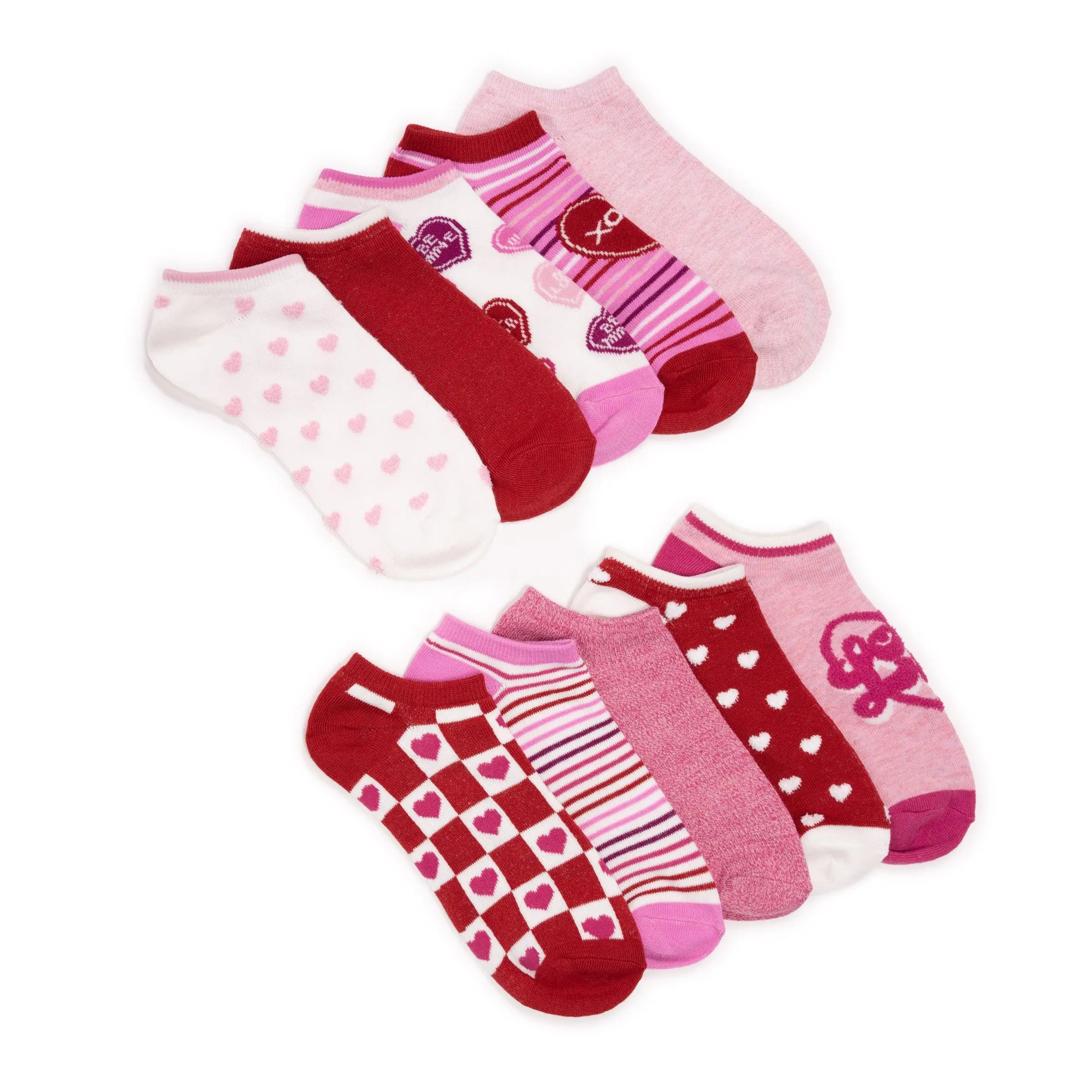 Women's 10-Pack Valentine Assorted Striped Festive Ankle Socks, Soft Comfy Bleach-Free Mid-Calf Hosiery, Machine Washable, Fits Ladies, Bleach-Free Mid-Calf Socks