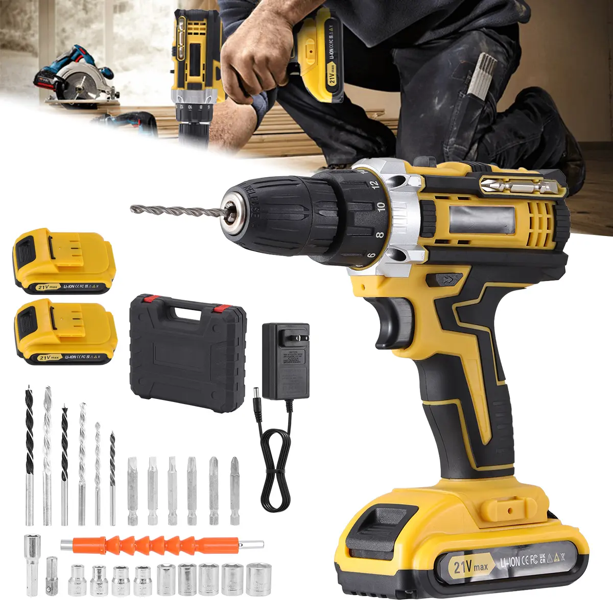 21V Cordless Brushless Impact Drill Kit - Rechargeable Lithium Power Tool with Cordless Max Torque Hammer Driver, Drywall, Garden, Concrete, Wood Drilling for DIY/Renos Workshop Use