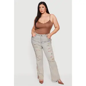 Plus Size High Waisted Acid Wash Patch and Repair Jeans