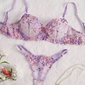 Lilac Floral Embroidered Mesh Lingerie Set - Elegant Bra and Thong Ensemble with Delicate Purple Accents