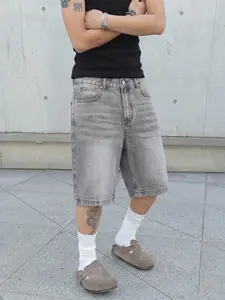 American Vintage Light Blue Denim Shorts, Casual Fitted Style, Drawstring Waist, Pockets, Short Length, Men's Fashion Pants