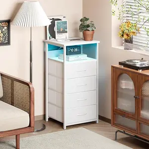 Night Stand with Charging Station, LED Nightstand with U-S-B Ports and Outlets, 3 Fabric Storage Drawers with PU Finish, Bedside Table, White