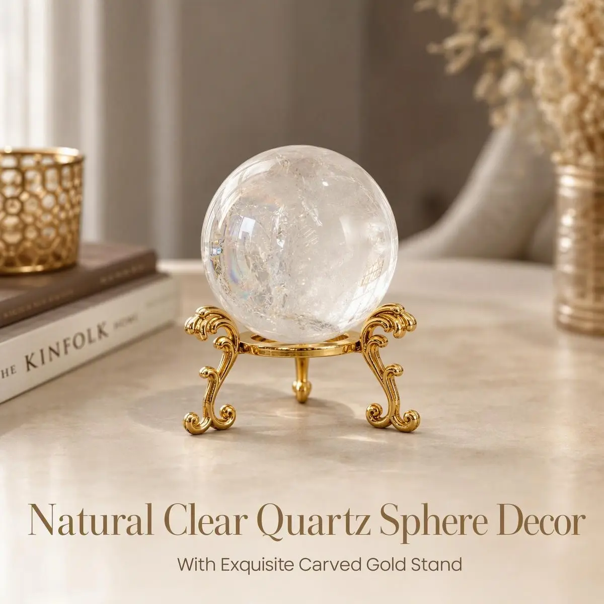 High-Vibration Clear Quartz Sphere - Natural Rainbow Inclusion Aura Shield & Mind Clarity Crystal - Sacred Geometry Desk Decor with Gold Tripod Base travelessentials