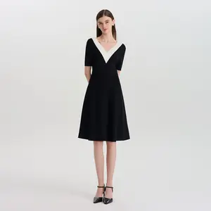 Contrast V-Neck Slim Knitted Women Midi Dress Fit Summer