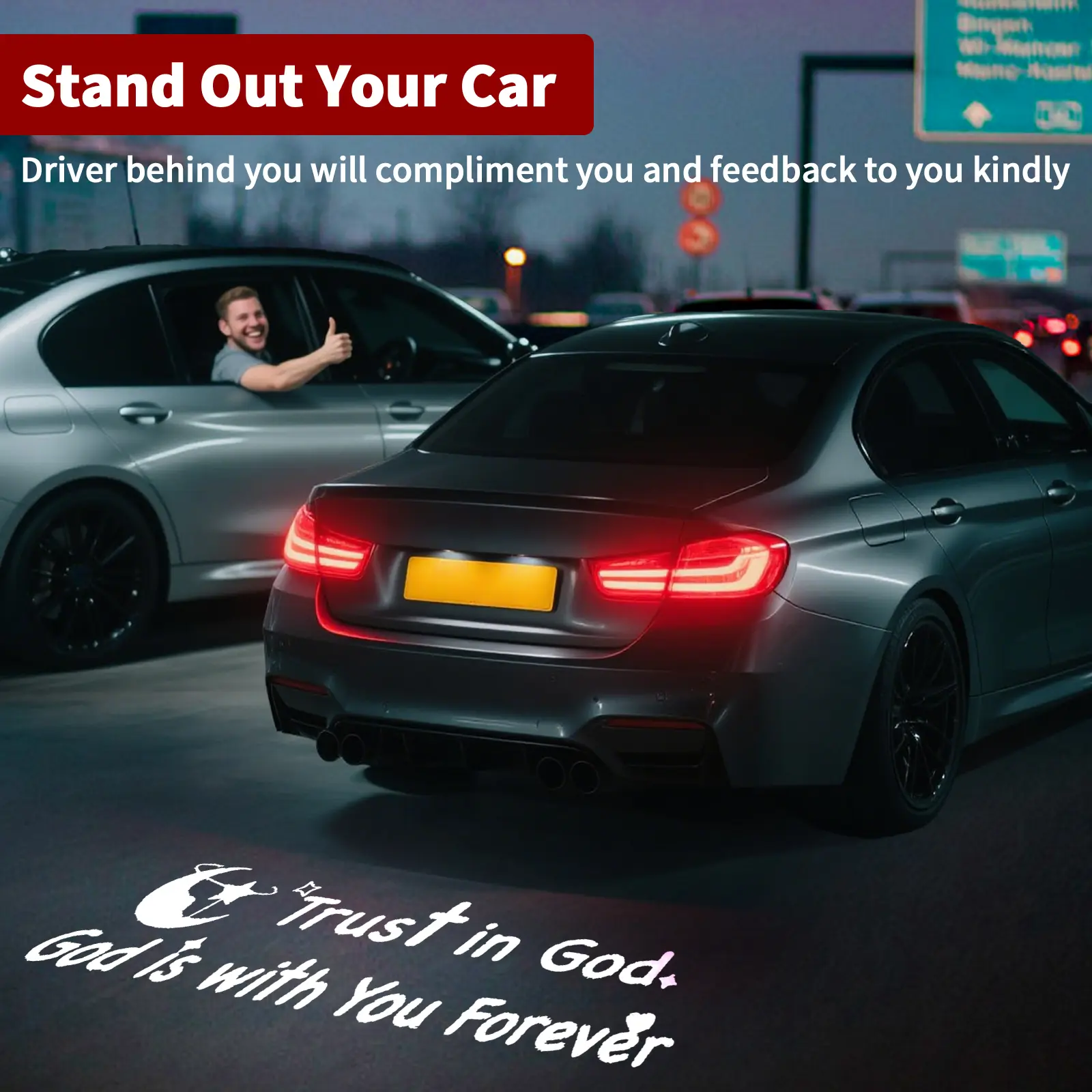 HEXIBII LED License Plate & Rear Trunk Lights - Compatible with Tesla, BMW, Audi, Volkswagen Models - Stylish Projection, Portable Lamps, Love & God Is With You Gift Option