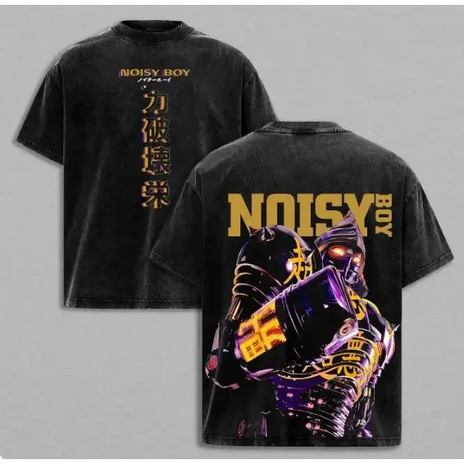 Mens Real Steel Noisy Boy Robot Boxing Print Oversized Heavyweight Cotton Stylish Tee - Crewneck, Vintage Washed, Large Graphic, Edgy Fashion Streetwear, High-Quality Cotton, Breathable, Unisex, Movie Merch, Mens Gifts