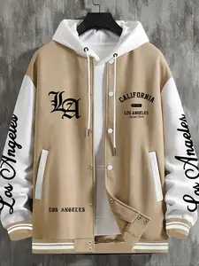 Men's Casual Letter Print Baseball Jacket, Fitted Geometric Design, All Seasons Wear, Versatile Net Version, H Type Silhouette, Street Fashion Outerwear