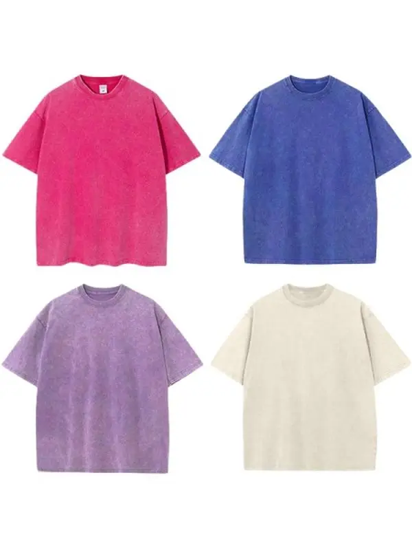 4 Pack Vintage Washed Oversized T-Shirts, 100% Cotton Drop Shoulder Crew Neck Tees, Mixed Color Pack with Solids & Bold Shades, Unisex Grunge Streetwear Casual Tops