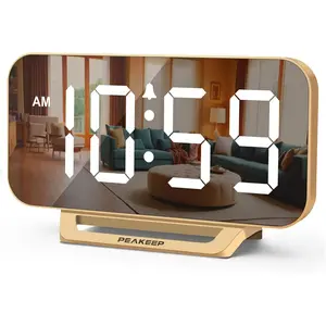 Peakeep Slim Digital Mirror Aesthetic Alarm Clock for Bedrooms Desk Decor - Plug in Electric Big LED Modern Small Clock for Office Living Room, Battery Backup, 6 Dimmers (Gold)