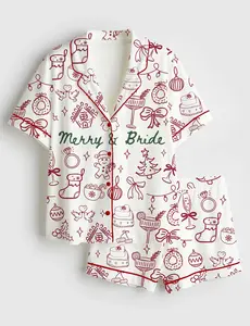Women’s Christmas Bachelorette Party Merry And Bride Christmas Wedding Print Short Sleeve Satin Pajama Set Luxury Silky Nightwear Holiday Bridal Pyjamas Getting Ready Outfits Bachelorette Gift For Her Maid Of Honor Loungewear Team Bride Pjs Button Down