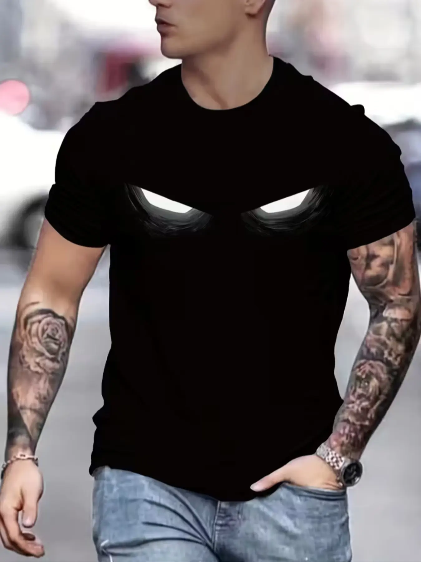 Men's American Retro Style Crop Top Tee Shirt, Thin Fabric Letter Pattern Design, Fitted Short Sleeve Casual Wear for All Seasons
