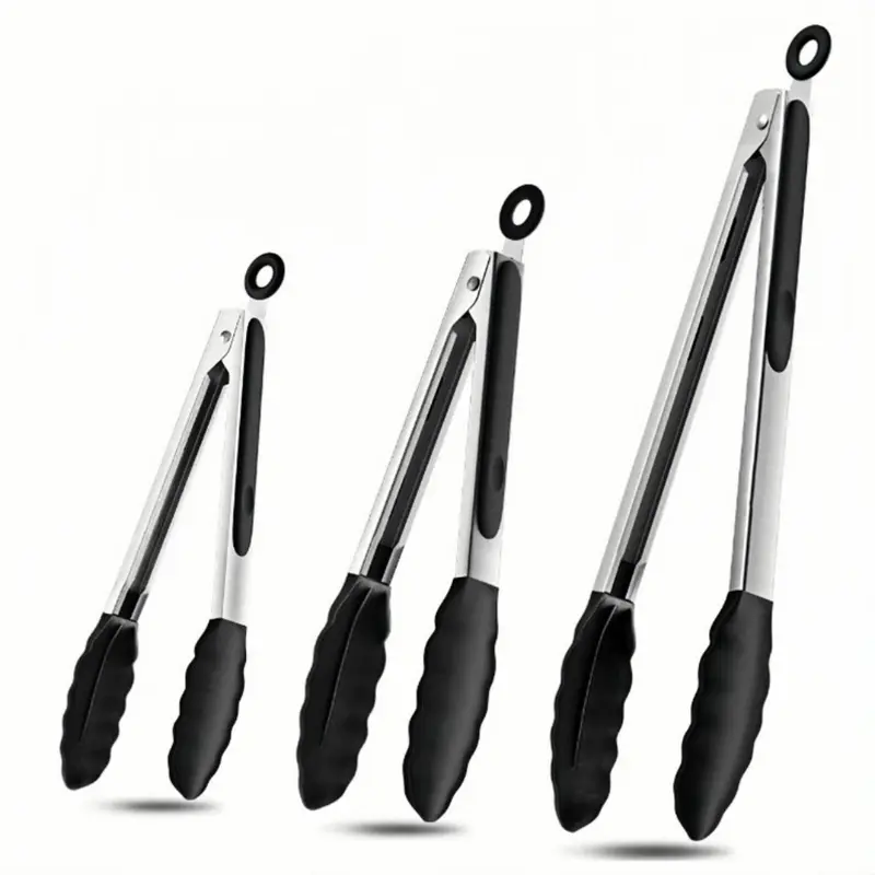 Stainless Steel Silicone Kitchen Tongs for Cooking, Serving Food, Salad, Bbq, Grill, Pan Protecting Tong with Silicone Tip, Heat Resistant airfryer accessories, 7" 9" & 12 inch, Set of 3, Black