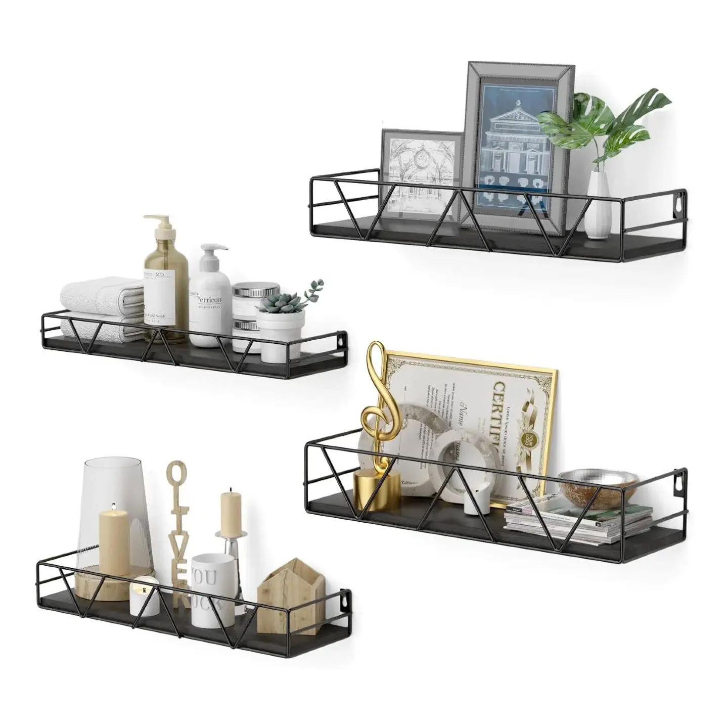 Set of 4 Wooden Floating Wall Shelves, Wall Mounted Farmhouse Decor Display Rack, Multipurpose Storage Wall Shelf for Living Room, Bedroom, Bathroom, Kitchen & Office