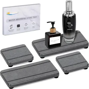 4 count Stone Drying Trays for Bathroom Sink, Water Absorbing Stone Tray, Water Absorbent Diatomaceous Earth Tray and Coaster, Diatomite Soap Dish, Drying Stone Soap Tray for Kitchen Counter