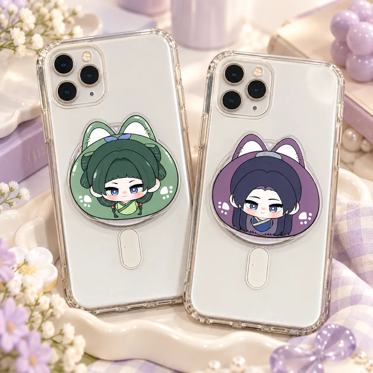 Kawaii Chibi Theapothecaryy Character Magnetic Phone Grip Set – Green & Purple Cat Ear Acrylic Phone Stand, Cute Anime Style Grip Holder, Pastel Gift for Her