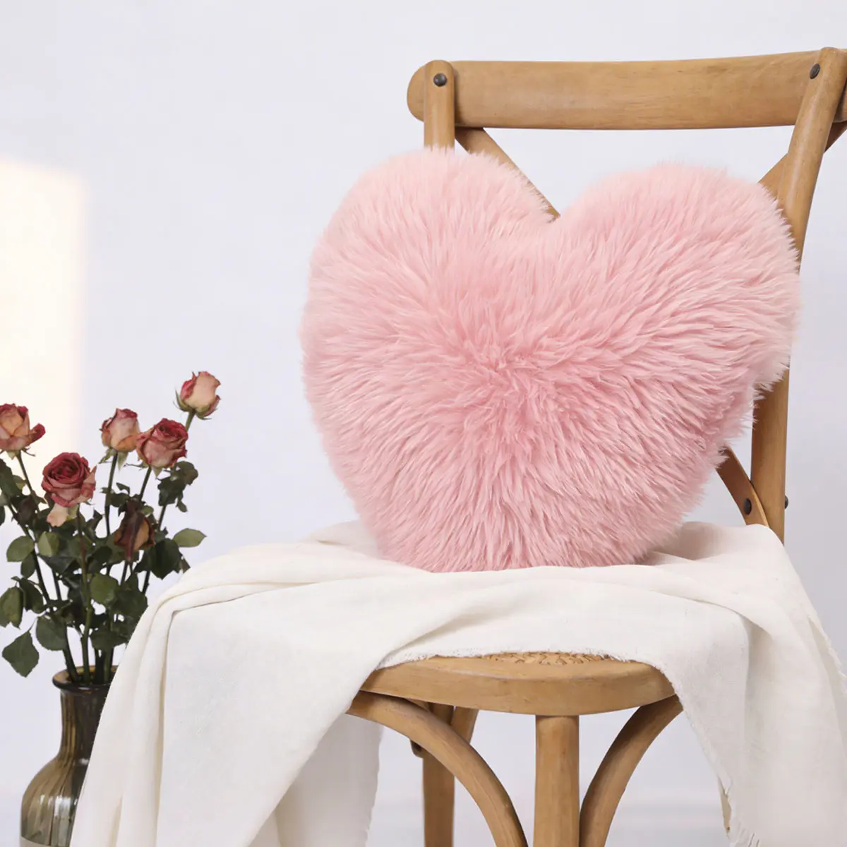 Valentine's Day Limited Edition Romantic Faux Wool Long Plush Striped Heart Pillow Cover, Soft Comfortable, Washable, Foldable, Detachable