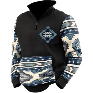 Aztec Pullover Graphic Western Hoodie Vintage Pattern Design Men's Half-Zip Long Sleeve With Pocket Menswear Cotton Ethnic Casual Polyester Fleece