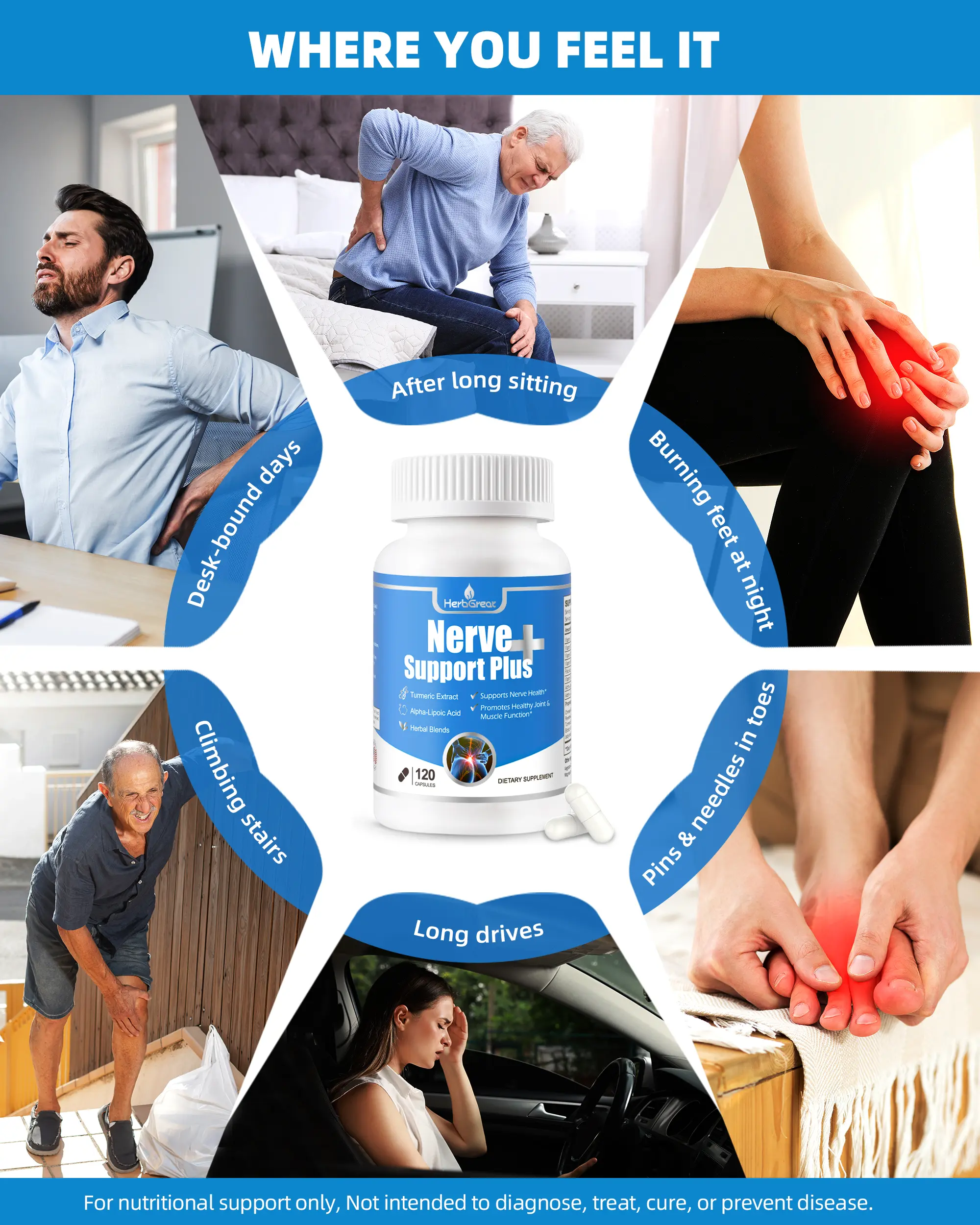 HERBGREAT Sciatic Nerve Health Support Supplement 120 Capsules with Turmeric Extract, Vitamin C, B2, Alpha-Lipoic Acid, Acetyl-L-Carnitine & 300mg Alpha Lipoic Acid for Joint & Muscle Pain Relief