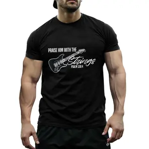 Praise Him with Strings Men's Christian Guitar T-Shirt - Inspirational Letter Print, Breathable Cotton, Perfect for Worship & Music Lovers, Casual Round Neck Tee, Sizes S-XXXL, Guitar Gifts