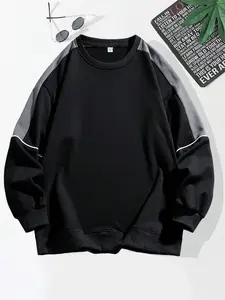 Men's Solid Color Patchwork Crew Neck Long Sleeve Casual Top, Comfortable Fashion Design, Perfect for Spring & Fall Seasons