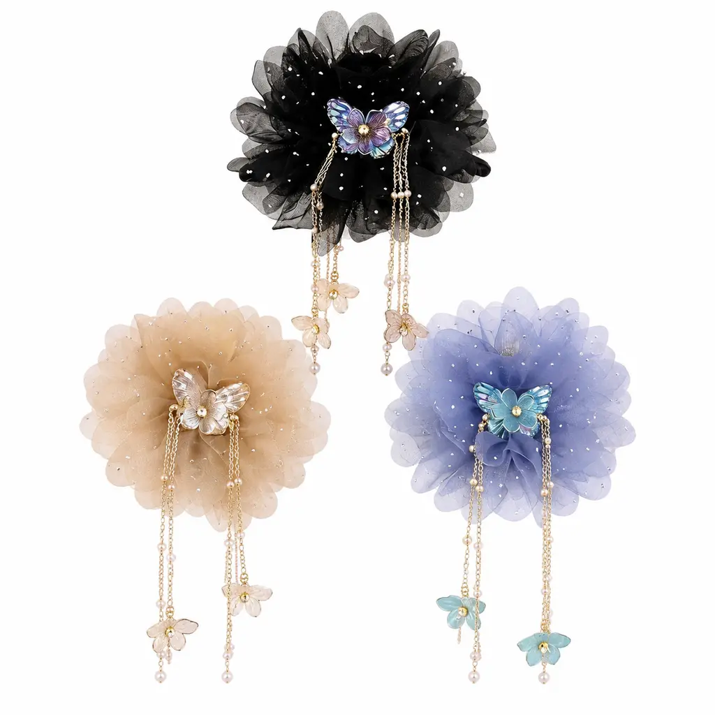 Women's 3-Piece Hair Clip Set Butterfly Tassel Mesh Peony Tassel Anti-Slip Ponytail Claw Clips for Everyday Wear Travel