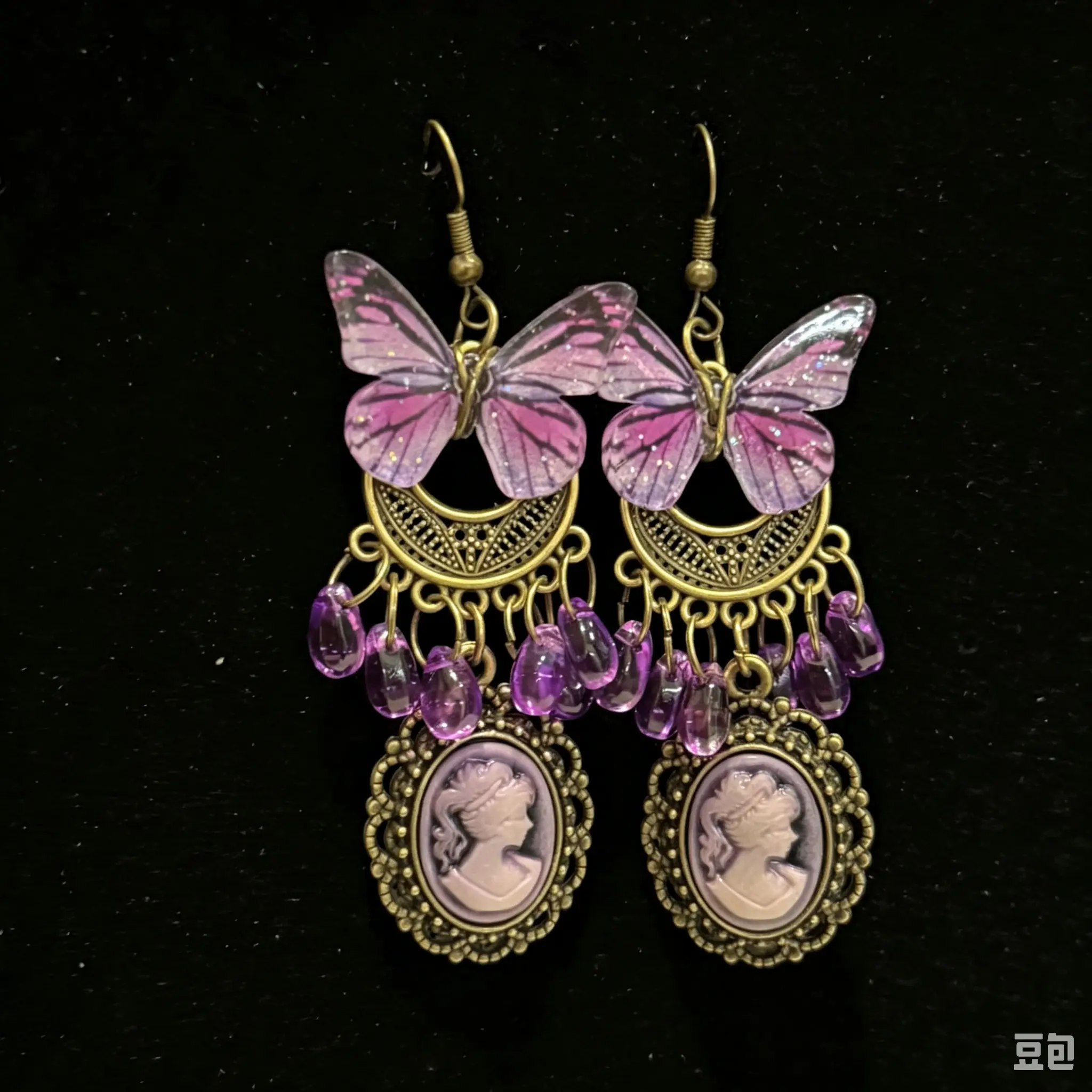 Women's Vintage Elegant Victorian Dangling Earrings - Enamel Maiden Statue Design, Embossed Amethyst Butterfly Motif, Antique Bronze Base, Cameo Accent, Whimsical Costume Jewelry, Ideal Gift for Women Earrings Dangling Drop Dangle Earrings Earrings For De