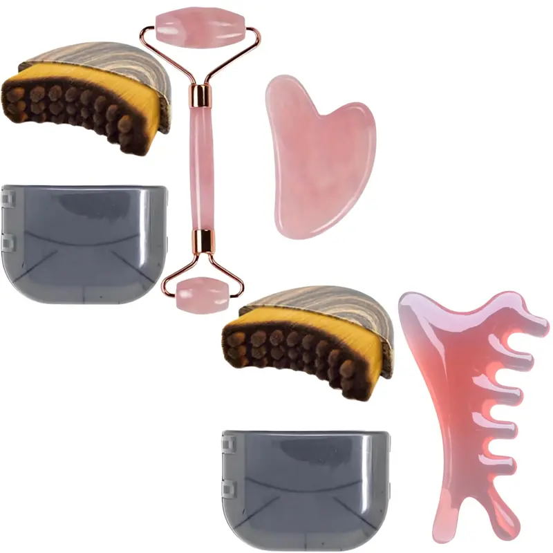 Lymphatic Contour Face Brush with Gua Sha – 2-Piece Sets: Brush + Gua Sha & Roller / Brush + Gua Sha Comb for Lymphatic Drainage, De-Puffing, Jawline & Chin Sculpting