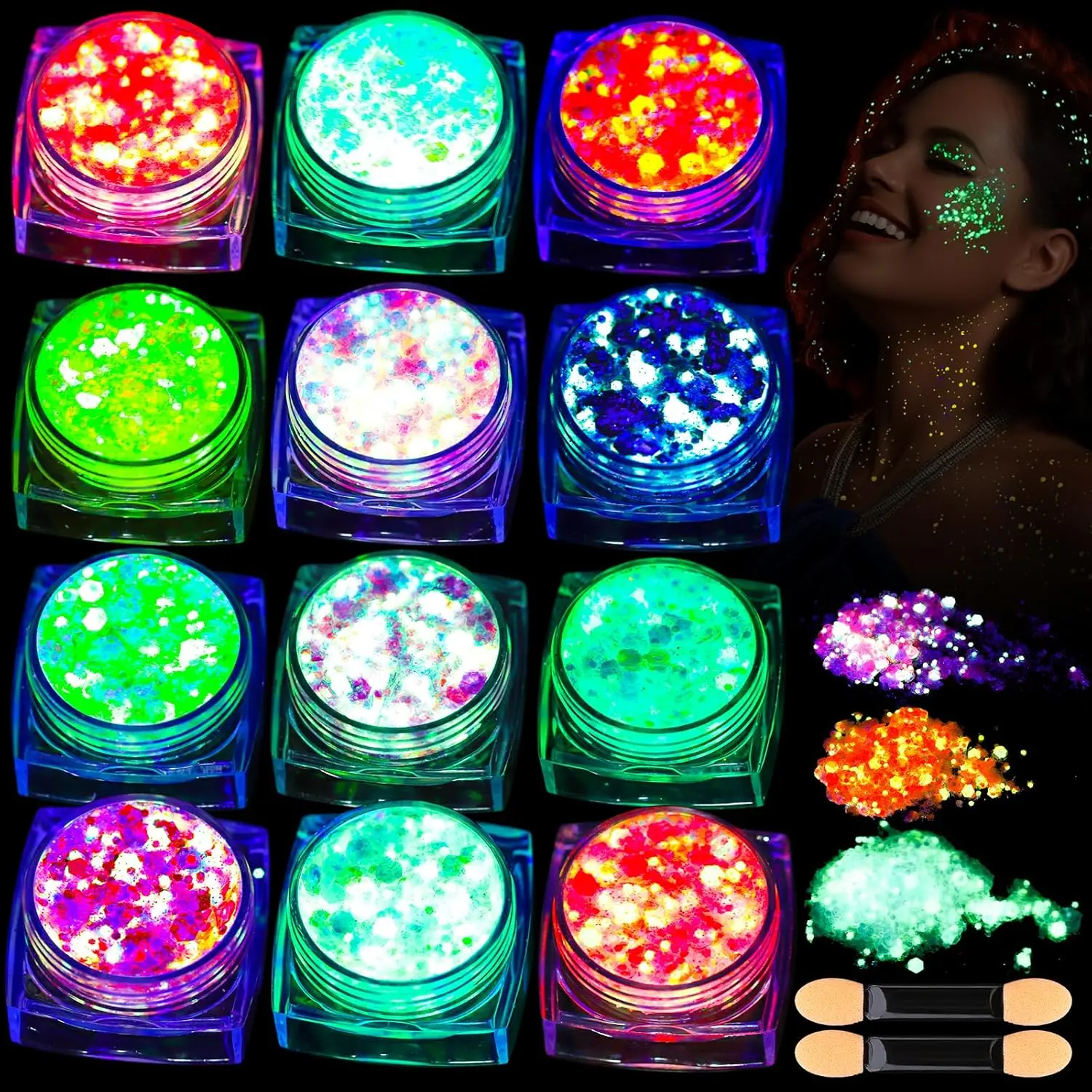 12 Colors Glow in The Dark Glitter Gel, Face Glitter Body Glitter Gel Hair Glitter for UV Black Light Makeup Raves Festivals