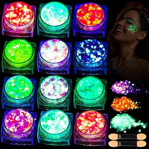 12 Colors Glow in The Dark Glitter Gel, Face Glitter Body Glitter Gel Hair Glitter for UV Black Light Halloween Makeup Raves Festivals