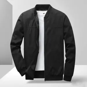 TJL Men's Black Stand Collar Zip-Up Casual Jacket with Ribbed Cuffs & Hem Fashionable Practical Design Medium Size Coats Tops Stylish Menswear Coats Elegant Plain Long Sleeve Outfit