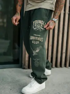 Men's Drawstring Waist Printed Pants, Rose Eagle Print, Comfortable Casual Joggers, Suitable for All Seasons, Wide Range of Pairing Options