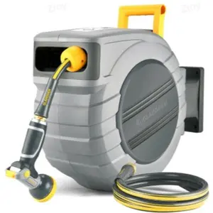 GLAHODEN Upgraded Retractable Garden Hose Reel, 1/2 Inch x 130 ft Wall Mounted Hose Reel, Heavy Duty Garden Hose Reel with 9 Patterns Nozzle, Any Length Lock, Upgraded Slow Return System and 180° Swivel Bracket Automatic Watering Devices