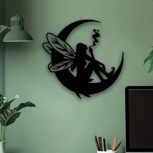 Fairy & Crescent Moon Design Wall Art, Metal Wall Decor with Sticker, Wall Art Decor for Home Living Room Bedroom, Ornaments, Decoration Items