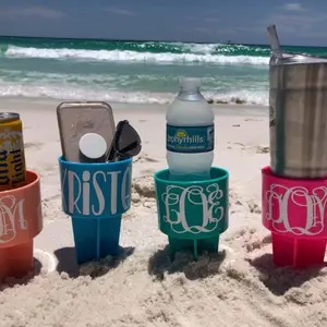 Beach Cup Holder with Pocket, Multi-Functional Sand Cup Holder for Beverage Phone Sunglasses Key, Beach Accessory Drink Sand Coaster, 2-Pack, Turquoise