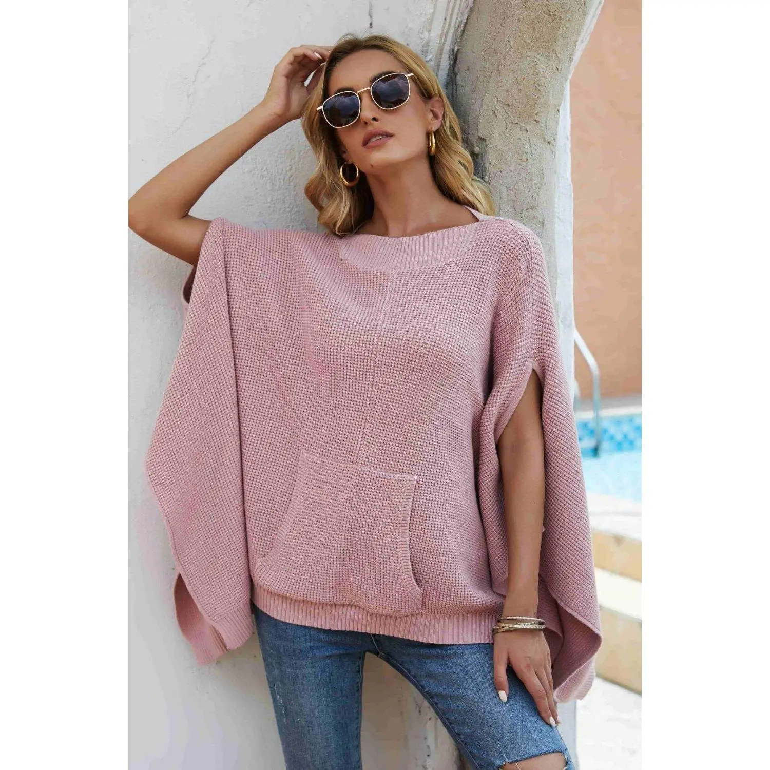 Waffle-Knit Cloak Sleeve Pocket Sweater