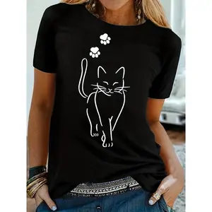 Cat Print Crew Neck T-Shirt, Casual Short Sleeve Top For Spring & Summer, Women's Clothing