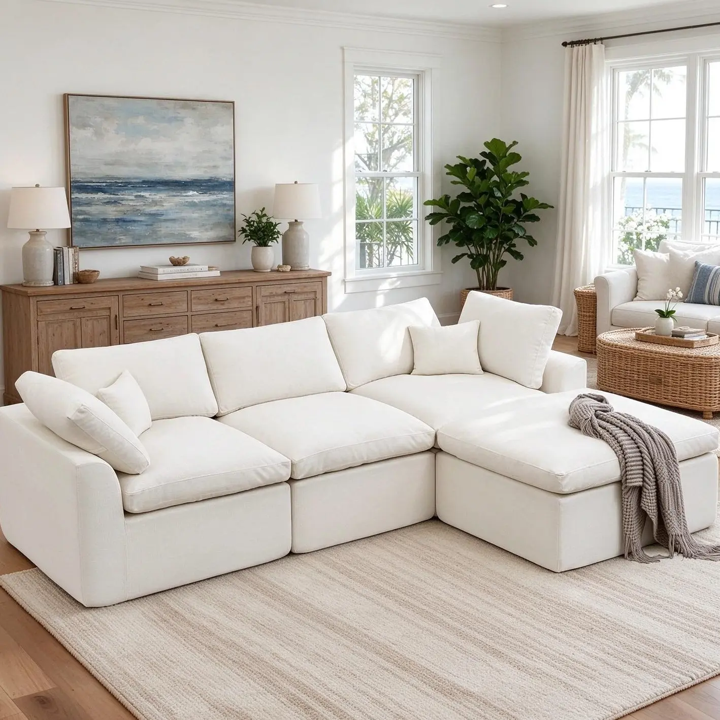 110" Cloud Sectional Couches for Living Room, Modern Modular Sectional Sofa with Ottoman, Boneless Cloud Couch with Comfy Deep Seats, Fluffy Chenille L-Shape Sofa Couch for Living Room, Beige