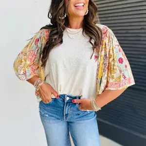 Beige Floral Patchwork Half Batwing Sleeve Blouse Round Neck Shirts
