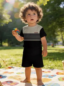 Classic contrasting color splicing design, Striped Sets, "PARIS" printed short-sleeve set for infants and toddlers, T-shirt suitable for daily and outdoor sports. Made of 100% polyester, a perfect gift for infants and young children!