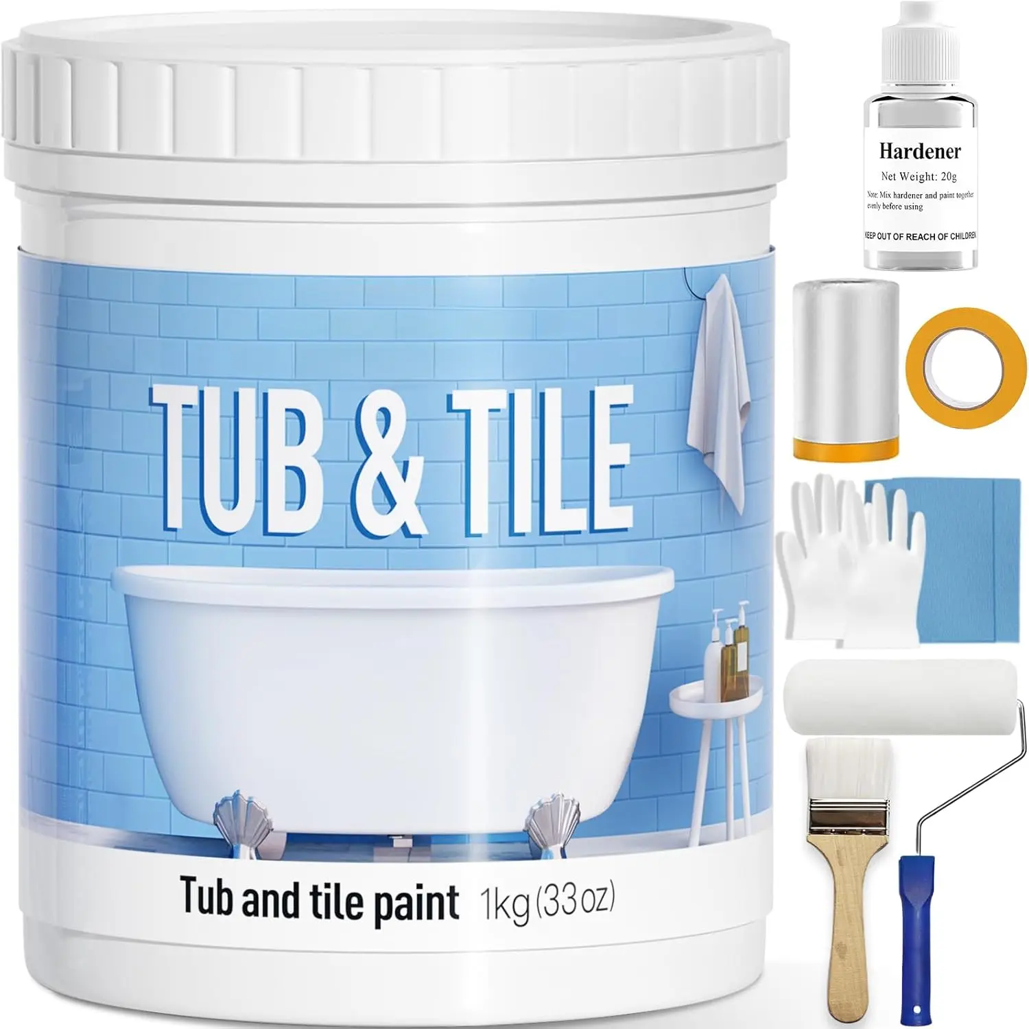 Tub and Tile Refinishing Kit, Quick-Dry Tile Paint for Wall & Floor, Sink Bathtub Paint for Bathroom, Kitchen, Toilets, Water Based, Semi-Gloss White, 50-55sq.ft, 33oz