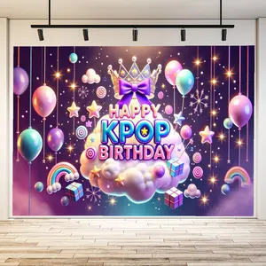 1pc Birthday Celebration Shirt Banner - Fantasy Nebula Design with Gold Crown, Soft Balloons and Sparkling Confetti, Colorful 'HAPPY KPOP BIRTHDAY' Text, Perfect K-pop Fan Party Banner