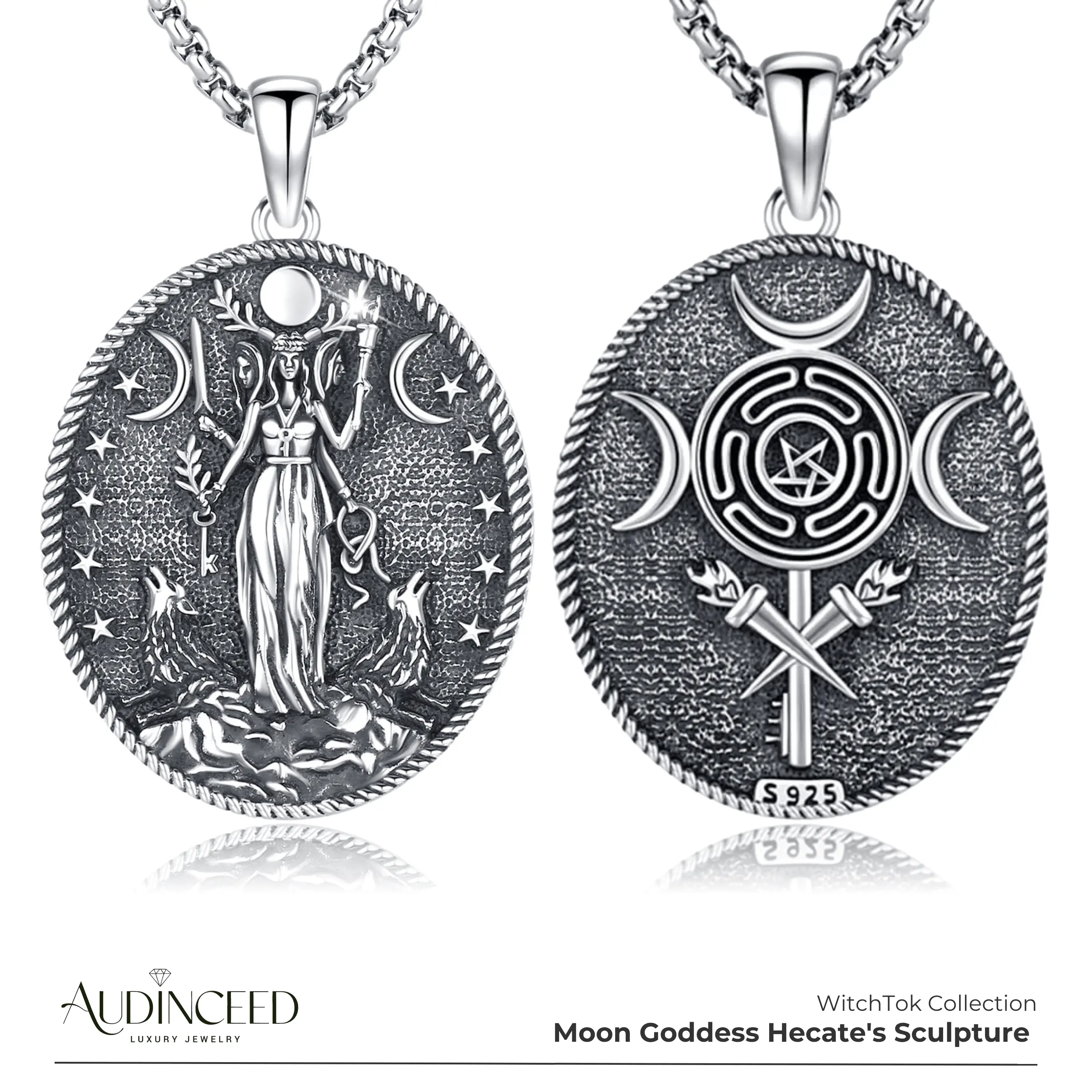 Audinceed Hecate S925 Sterling Silver Necklace, Witchtok Collection Hecate Hekate Luxury Triple Moon Goddess Pagan Wiccan Magic Silver Necklace Pendan