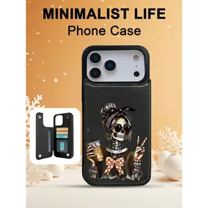 1PC Skeleton Girl Pattern Phone Case, Deep Bohemian Style Design, Double Layer Material, Faux Leather Flip Wallet Case with Card Slot, Suitable for iPhone 17/16/15/14/13/12/Pro/ProMax/Plus/Air/Series, Birthday Gift, Holiday Gift, Couple Phone Case