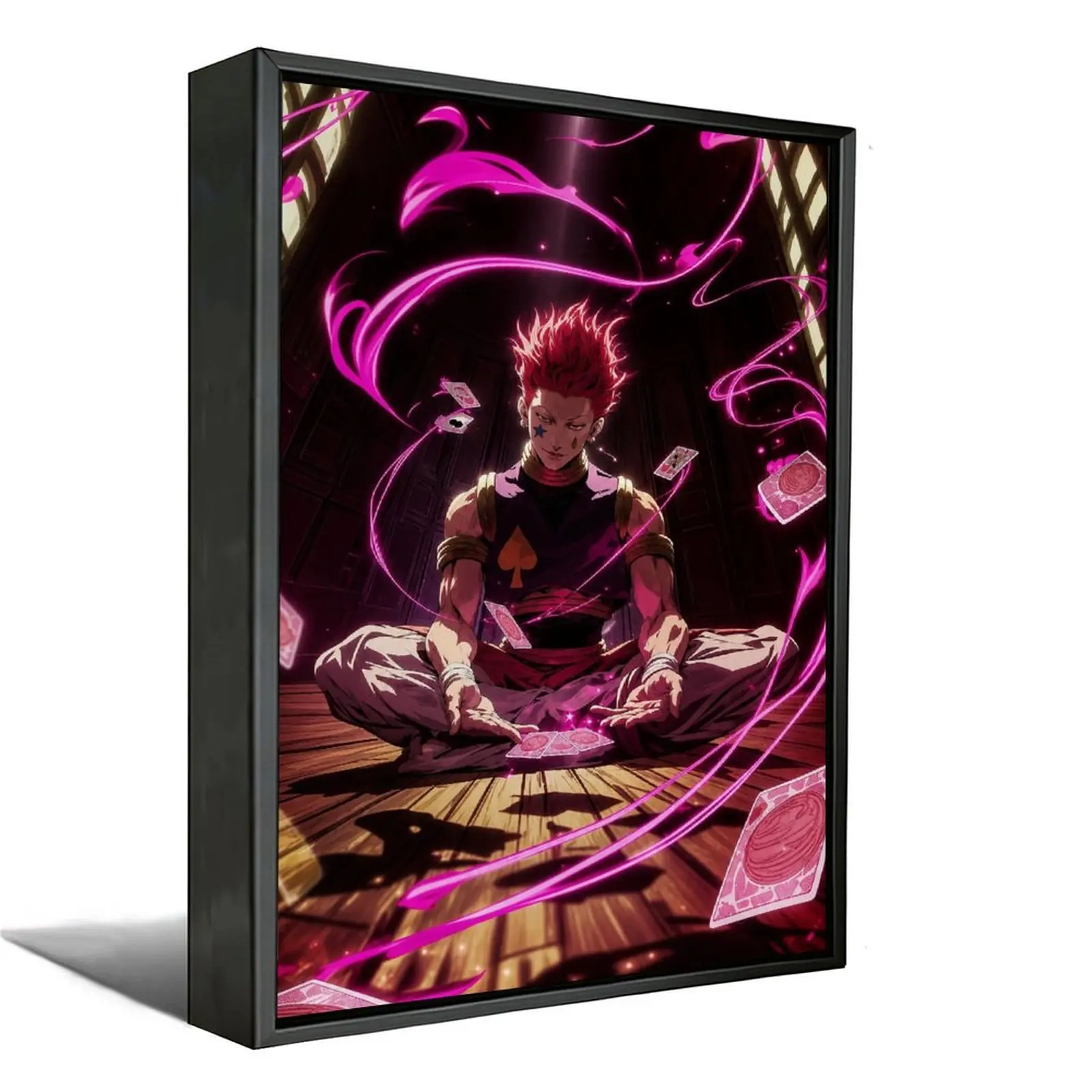 Hisoka Hunter x Hunter Canvas Poster, Neon Pink Card Magic Wall Art, Dark Anime Room Decor